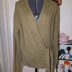 Olive Green Wrap Cardigan Sweater Tie Waist Long Sleeve Size M